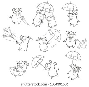 Vector Illustration of a Cute Cartoon Character Cute Pig with  umbrella for you Design and Computer Game. Coloring Book Outline Set 