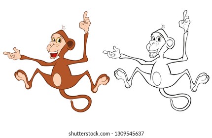 Vector Illustration of a Cute Cartoon Character Monkey for you Design and Computer Game. Coloring Book Outline Set 