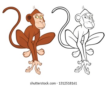Vector Illustration of a Cute Cartoon Character Monkey for you Design and Computer Game. Coloring Book Outline Set 