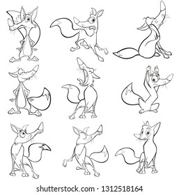 Vector Illustration of a Cute Cartoon Character Red Fox for you Design and Computer Game. Coloring Book Outline Set 