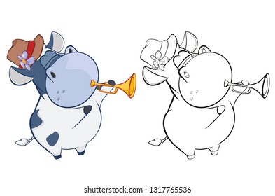 Vector Illustration of a Cute Cartoon Character Cow for you Design and Computer Game. Coloring Book Outline Set 