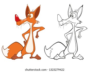 Vector Illustration of a Cute Cartoon Character Red Fox for you Design and Computer Game. Coloring Book Outline Set 