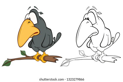 Vector Illustration of a Cute Cartoon Character Raven for you Design and Computer Game. Coloring Book Outline Set 