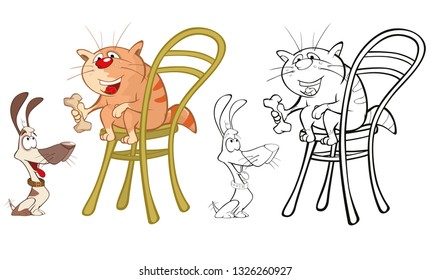Vector Illustration of a Cute Cartoon Character Cat and Dog for you Design and Computer Game. Coloring Book Outline Set 