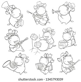 Vector Illustration of a Cute Cartoon Character Cow for you Design and Computer Game. Coloring Book Outline Set 