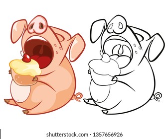 Vector Illustration of a Cute Cartoon Character Pig for you Design and Computer Game. Coloring Book Outline Set 