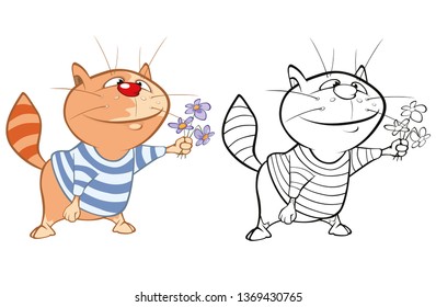 Vector Illustration of a Cute Cartoon Character Cat for you Design and Computer Game. Coloring Book Outline Set 