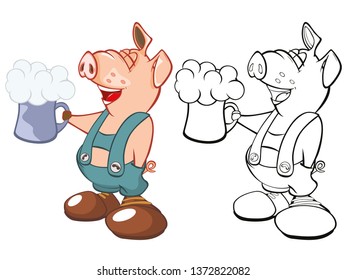 Vector Illustration of a Cute Cartoon Character Pig for you Design and Computer Game. Coloring Book Outline Set 