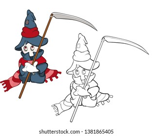 Vector Illustration of a Cute Cartoon Character Ghost for you Design and Computer Game. Coloring Book Outline Set 
