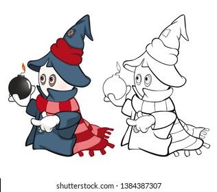 Vector Illustration of a Cute Cartoon Character Ghost for you Design and Computer Game. Coloring Book Outline Set 