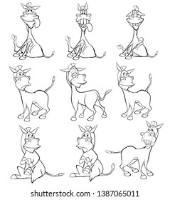 Vector Illustration of a Cute Cartoon Character Burro for you Design and Computer Game. Coloring Book Outline Set 