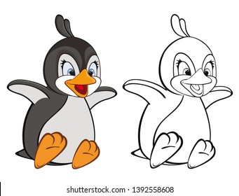 Vector Illustration of a Cute Cartoon Character Penguin for you Design and Computer Game. Coloring Book Outline Set 