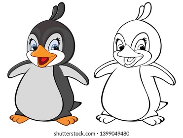 Vector Illustration of a Cute Cartoon Character Penguin for you Design and Computer Game. Coloring Book Outline Set 
