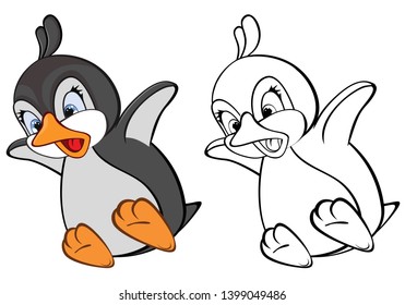 Vector Illustration of a Cute Cartoon Character Penguin for you Design and Computer Game. Coloring Book Outline Set 