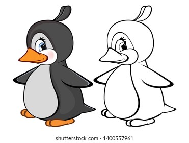 Vector Illustration of a Cute Cartoon Character Penguin for you Design and Computer Game. Coloring Book Outline Set 