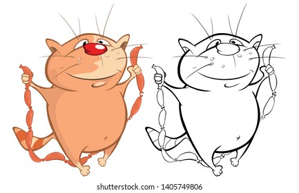 Vector Illustration of a Cute Cartoon Character Cat for you Design and Computer Game. Coloring Book Outline Set 
