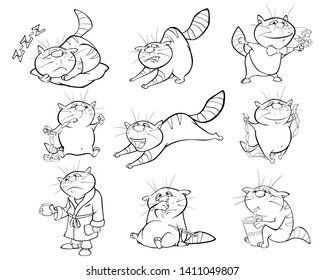 Vector Illustration of a Cute Cartoon Character Cat for you Design and Computer Game. Coloring Book Outline Set 