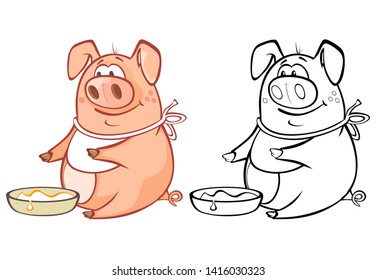 Vector Illustration of a Cute Cartoon Character Pig for you Design and Computer Game. Coloring Book Outline Set 