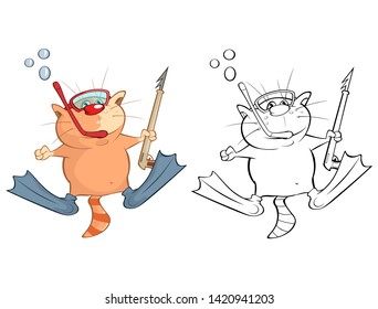 Vector Illustration of a Cute Cartoon Character Cat for you Design and Computer Game. Coloring Book Outline Set 
