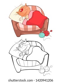 Vector Illustration of a Cute Cartoon Character Cat for you Design and Computer Game. Coloring Book Outline Set 