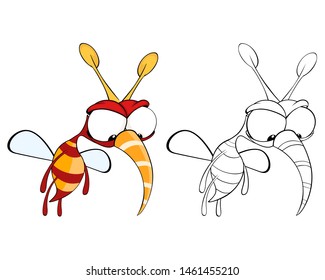 Vector Illustration of a Cute Cartoon Character Bee for you Design and Computer Game. Coloring Book Outline Set 
