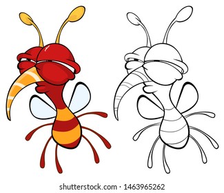 Vector Illustration of a Cute Cartoon Character Bee for you Design and Computer Game. Coloring Book Outline Set 