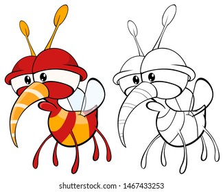 Vector Illustration of a Cute Cartoon Character Bee for you Design and Computer Game. Coloring Book Outline Set 