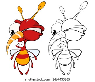 Vector Illustration of a Cute Cartoon Character Bee for you Design and Computer Game. Coloring Book Outline Set 