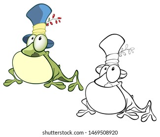 Vector Illustration of a Cute Cartoon Character Cute Green Frog  for you Design and Computer Game. Coloring Book 