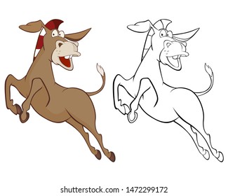 Vector Illustration of a Cute Cartoon Character Burro for you Design and Computer Game. Coloring Book Outline Set 