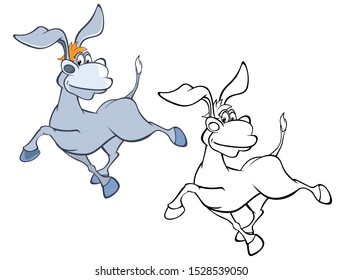 Vector Illustration of a Cute Cartoon Character Burro for you Design and Computer Game. Coloring Book Outline Set 