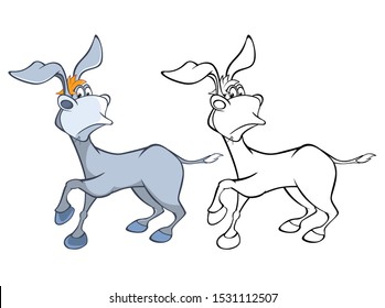 Vector Illustration of a Cute Cartoon Character Burro for you Design and Computer Game. Coloring Book Outline Set 