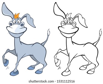 Vector Illustration of a Cute Cartoon Character Burro for you Design and Computer Game. Coloring Book Outline Set 