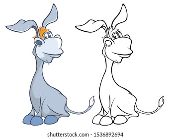 Vector Illustration of a Cute Cartoon Character Burro for you Design and Computer Game. Coloring Book Outline Set 