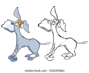 Vector Illustration of a Cute Cartoon Character Burro for you Design and Computer Game. Coloring Book Outline Set 