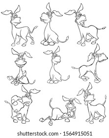 Vector Illustration of a Cute Cartoon Character Burro for you Design and Computer Game. Coloring Book Outline Set 