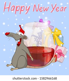 Vector Illustration of Cute Cartoon Character Rat  and Christmas gifts.  Christmas card. Greeting Card