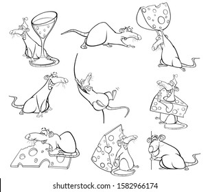 Vector Illustration of a Cute Cartoon Character Rat for you Design and Computer Game. Coloring Book Outline Set 