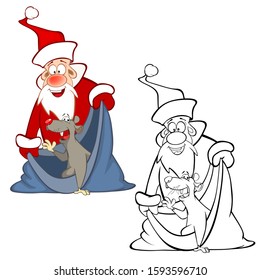 Vector Illustration of a Cute Cartoon Character Rat and  Santa Claus for you Design and Computer Game. Coloring Book Outline Set 