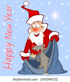 Vector Illustration of Cute Cartoon Character Rat, Santa Claus  and Christmas gifts.  Christmas card. Greeting Card