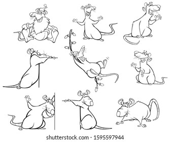 Vector Illustration of a Cute Cartoon Character Rat for you Design and Computer Game. Coloring Book Outline Set 