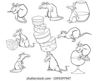 Vector Illustration of a Cute Cartoon Character Rat for you Design and Computer Game. Coloring Book Outline Set 