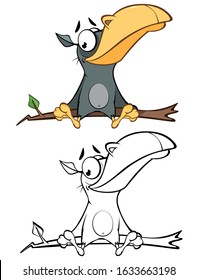 Vector Illustration of a Cute Cartoon Character Raven for you Design and Computer Game. Coloring Book Outline Set 