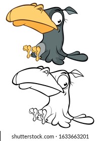 Vector Illustration of a Cute Cartoon Character Raven for you Design and Computer Game. Coloring Book Outline Set 