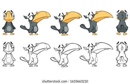 Vector Illustration of a Cute Cartoon Character Raven for you Design and Computer Game. Coloring Book Outline Set 