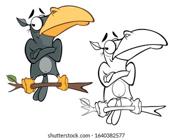 Vector Illustration of a Cute Cartoon Character Raven for you Design and Computer Game. Coloring Book Outline Set 