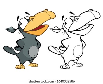 Vector Illustration of a Cute Cartoon Character Raven for you Design and Computer Game. Coloring Book Outline Set 