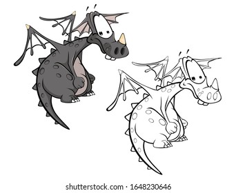 Vector Illustration of a Cute Cartoon Character Dragon for you Design and Computer Game. Coloring Book Outline Set 