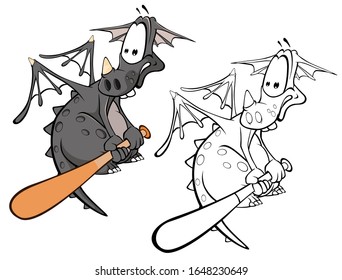 Vector Illustration of a Cute Cartoon Character Dragon for you Design and Computer Game. Coloring Book Outline Set 