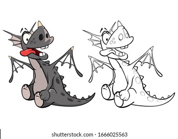 Vector Illustration of a Cute Cartoon Character Dragon for you Design and Computer Game. Coloring Book Outline Set 